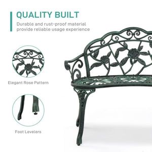 Antique Green Outdoor Cast Aluminum Patio Bench with Curved Legs and Rose Pattern Elegant Porch Bench Chair - Product Image 6
