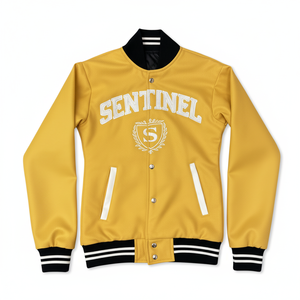เสื้อแจ็คเก็ตวาร์ซิตี้ Sentinel สำหรับผู้ชาย สีเหลือง สไตล์ Preppy ปักโลโก้ พร้อมแขนหนังหลากสี - Product Image 1