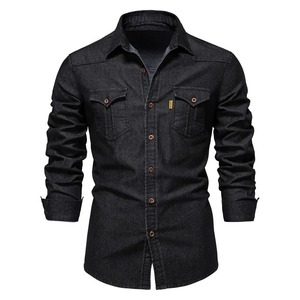 Chemise en jean pour homme, coupe classique, 100% polyester, couleur unie, manches longues, col rabattu, style décontracté streetwear, écologique - Product Image 6