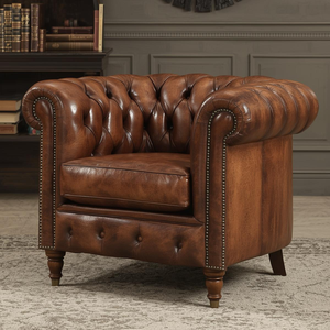 Fauteuil en cuir brun vintage de luxe avec pieds en bois, fauteuil d'appoint de style mid-century, canapé simple pour salon - Product Image 1