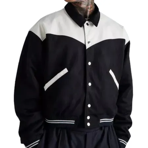 Veste universitaire homme noire et blanche à blocs de couleur, col rabattu, manches classiques, tenue décontractée d'automne, logo imprimé sur le bas - Product Image 4