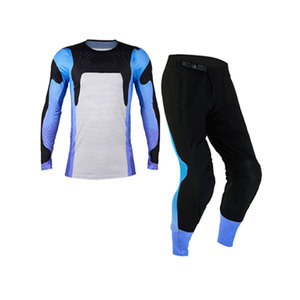 Ensemble de maillot et pantalon de motocross pour homme, bleu, noir et blanc, à blocs de couleur, manches longues, séchage rapide, équipement de protection pour la conduite tout-terrain - Product Image 1
