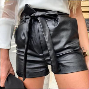 High Waist Black Leather Eco-Friendly Breathable Casual <b>Women's</b> Shorts with Zipper <b>Fly</b> Solid Pattern - Product Image 1