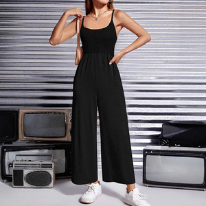 Combinaison décontractée sans bretelles pour femme avec empiècements contrastants, col carré, pantalon large, en polyester, ensemble de yoga longueur intégrale printemps/été - Product Image 6