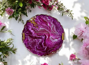 Indian Handmade White and Pink Crystal Epoxy <b>Resin</b> Tray with Gold Marbling and Handles for Serving & Cake Display - Product Image 2