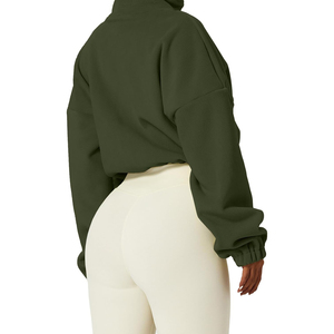 Sudadera Corta con Cierre de Cremallera para Mujer, Color Verde Oliva, de Forro Polar, Cuello Alto, Hombros Caídos, Manga Larga, Estilo Oversize, para Otoño - Product Image 4