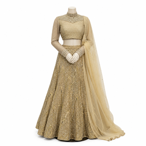 Conjunto de Lehenga Choli de Novia con Lentejuelas Doradas y Encaje, Diseño Moderno y Lujoso, para Mujer, para Bodas, Compromisos y Fiestas, con Bordado en Tela de Red - Product Image 1