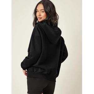 OEM Plain Black <b>Zip</b> <b>Up</b> Hoodie Women Drop Shoulder Front Pocket Hooded Jacket Wholesale - Product Image 2