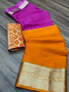 Sari de Chiffon de Seda Pura con Brillo, Pallu con Tejido Chit, Teñido a Mano de Jaipur, Borde con Tejido Zari Rico, Listo para Fiestas - Product Image 6