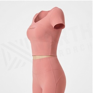 North Approach <b>Pink</b> Square Neck <b>Crop</b> <b>Top</b> Short Sleeve Seamless Yoga Wear Breathable Solid Women's Sportswear - Product Image 3