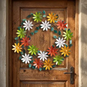 Corona de Flores de Margarita Metálica Colorida, Flores Multicolores Pintadas a Mano, Elegante Decoración de Pared para la Puerta Principal de Primavera - Product Image 6