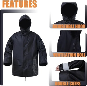 Unisex Waterproof Winter Rain Suit <b>Hooded</b> Full Length Two Piece Set Sporty Style Solid Black Polyester Outdoor Wear - Product Image 2