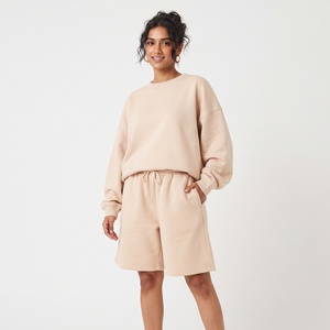 Ensemble deux pièces décontracté pour femme en molleton 100% coton, coupe ample, épaules tombantes, style sport, avec cordon de serrage, taille mi-haute, manches longues - Product Image 1