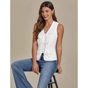 2025 femmes à la mode été décontracté gilet costume tissé lin gilet avec décoration Vintage sans manches cravate avant hauts poches - Product Image 6