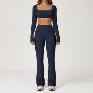 Women 2 Piece Yoga <b>Set</b> <b>Square</b> Neck Crop Top High Waist Full Length Leggings Seamless Solid Pink Activewear Workout - Product Image 4