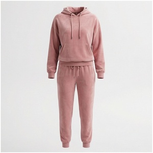 Women <b>Pink</b> Hooded <b>Tracksuit</b> Set Full Sleeve Solid Color Casual Jogger Pants With Drawstring Pocket Autumn Wear - Product Image 1