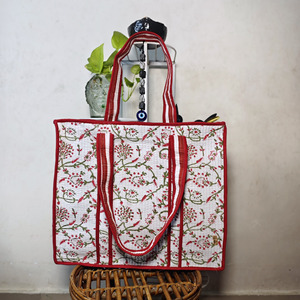 Floral Quilted Hand-painted Cotton Tote <b>Bag</b> Zipper Closure <b>Large</b> Capacity Shoulder Contrast Trim Daily Use <b>Beach</b> RR Textiles All - Product Image 4