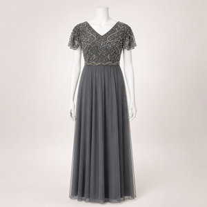 Luxury Grey Beaded Evening Gown for Women Elegant Formal Maxi Dress V Neck Embroidered Party Wear Floor Length Cocktail Dress - Product Image 1