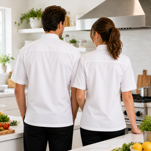 Veste de chef en fibre de bambou, anti-liquide, rafraîchissante, coupe classique, manches courtes, col mandarin, qualité supérieure, pour hôtel. - Product Image 2
