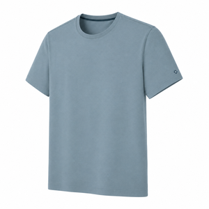 T-shirt en coton bleu poussière à col rond avec détail de manches minimalistes, personnalisable, uni, à manches courtes, pour homme, vêtement décontracté, vente en gros - Product Image 3