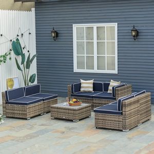 Set Divano da Esterno Moderno a 7 Pezzi in Rattan Blu con Cuscini, Tavolino da Tè e Mobili da Conversazione per Giardino - Product Image 2