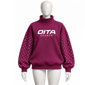 Burgundy Oversized Women Mock Neck Sweatshirt Pearl Studded Sleeve Pullover Casual Streetwear Loose Fit Long Sleeve <b>Winter</b> <b>Top</b> - Product Image 1