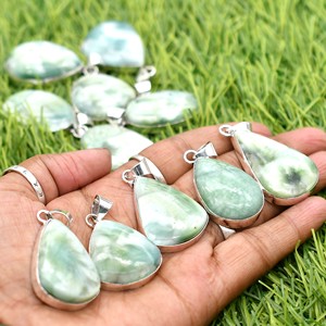 Colliers pendentifs ovales en héminorphite naturelle Prem Bhaya Hémimorphite 01, sertissage clos en argent plaqué 925, bijoux classiques unisexes - Product Image 5