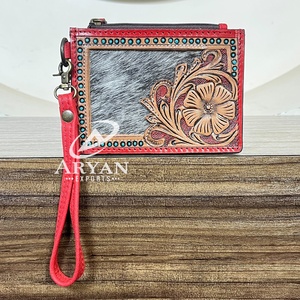 High Quality Genuine Cowhide Tooled Leather Mini Wallet Floral Design Zipper Closure Coin <b>Credit</b> <b>Card</b> <b>Holder</b> Purse For Unisex - Product Image 1