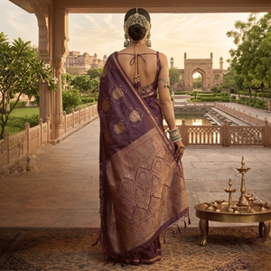 Sari de satén puro tejido a mano con borde de zari dorado |   Sari Étnico de Lujo para Mujer, Ideal para Bodas y Fiestas Tradicionales - Product Image 4