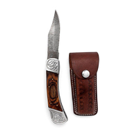 Couteau pliant à lame droite en acier Damas 15 cm, pointe clip, manche en bois, étui en cuir gravé, pour poche, extérieur, camping, chasse