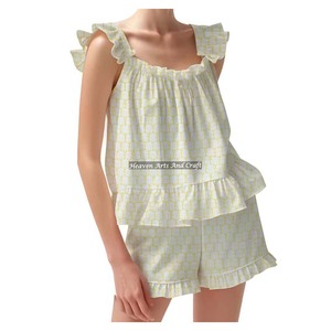 Breathable Cotton Shorts Pajama Set For Warms Dazzling Hand Block Spring/Summer Floral Fitted Strappy Ruffle <b>Trim</b> Sleeves PJ Set - Product Image 3