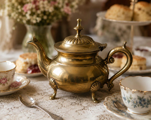 Théière anglaise antique en laiton à quatre pieds avec couvercle à charnière, style rénovation orientale, décorative vintage, pour table européenne classique - Product Image 5