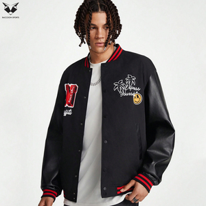 Veste de baseball pour homme avec patchwork de lettres, veste bomber noire à broderie personnalisée, poignets à rayures rouges, streetwear décontracté - Product Image 1