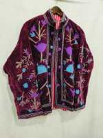 Veste en velours violet brodée avec un motif floral, col mandarin, manches longues, vêtement d'automne, broderie à la main, vestes pour femmes
