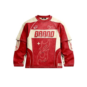 Nouvelle arrivée, sweat-shirt à manches longues en denim délavé de couleur rouge pour homme, col rond, patchwork, pull personnalisé, streetwear - Product Image 2
