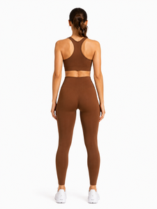 <b>Brown</b> 2-Piece Yoga Set Racerback Crop Top High-Waist Full-Length <b>Leggings</b> Seamless Solid Color Spandex/Nylon Quick Dry - Product Image 2