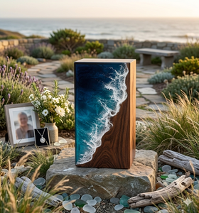 Ocean Wave Resin Urn Wooden <b>Memorial</b> Keepsake Cremation Urn <b>Box</b> Natural Wood Finish Blue Wave Decor - Product Image 3