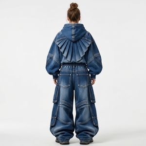 <b>Womens</b> Blue Denim Cargo Hoodie Tracksuit Set Oversized <b>Baggy</b> Wide Leg <b>Jeans</b> Streetwear Custom Apparel Manufacturer - Product Image 2