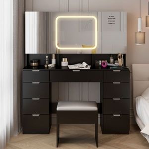 Grande Set da tavolo a 3 luci a LED con cassetti portaoggetti sgabello completo trucco nero vanità ammortizzato mensole per camera da letto - Product Image 1