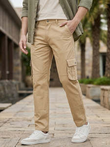 Pantalon cargo beige pour homme, coupe classique, couleur unie, avec poches, fermeture éclair, taille moyenne, pour toutes les saisons, vêtements d'extérieur - Product Image 2