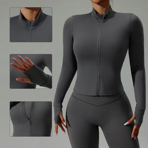 Women's <b>Cropped</b> Stand Collar Yoga Jacket Slim Fit Workout <b>Zip</b> <b>Up</b> with Windproof Panels Breathable Running Cover for Outdoor - Product Image 5