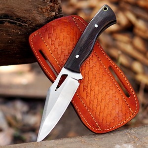 Cuchillo de Camping de Hoja Fija, Acero Inoxidable, Punta Caída, Mango de Madera, Funda de Cuero Naranja, Herramienta de Supervivencia para Exteriores - Product Image 6