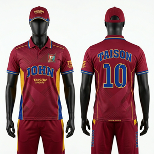 เสื้อคริกเก็ตชาย 185 GSM ผ้าโพลีเอสเตอร์อินเตอร์ล็อคคุณภาพสูง สีแดงเลือดหมู เหลือง น้ำเงิน ดีไซน์ลายแผง  โลโก้แบบพิมพ์ร้อน - Product Image 1