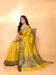 Sari long en mélange de soie jaune avec bordure tissée Zari verte, tenue traditionnelle indienne pour mariage, robe Diwali pour femme, séchage rapide - Product Image 4