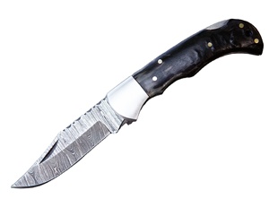 Couteau à lame pliante pour homme Bushcraft Skinner tactique Corne de taureau en acier damassé forgé avec gaine Cadeau de chasse de camping pour lui - Product Image 2