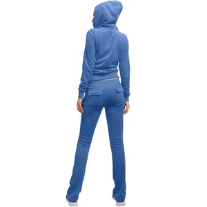 Women's Blue Hooded <b>Tracksuit</b> Set Full Length Solid Color Casual Joggers with Side Pockets Breathable Autumn Wear - Product Image 3