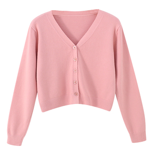 Wholesale Women Soft V-Neck Cropped <b>Cardigan</b> Button Up Long Sleeve Knitted <b>Sweater</b> Top - Product Image 3