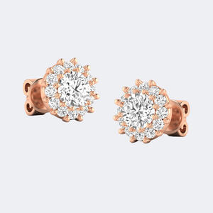 Boucles d'oreilles clous florales en or 14K avec diamants de laboratoire ronds brillants 1,50 carat, VVS2 EF, sertis à griffes, style halo - Product Image 2