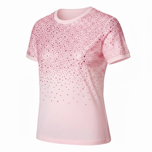 T-shirt tricoté rose à strass pour femme, col rond, manches courtes, style doux, coupe classique, pour le quotidien printemps-été - Product Image 4