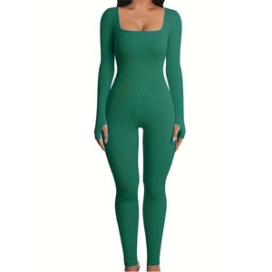 Nouvelle combinaison de yoga moulante pour femme, avec logo personnalisé, col carré, manches longues, couleur unie, côtelée, pour la gym - Product Image 3